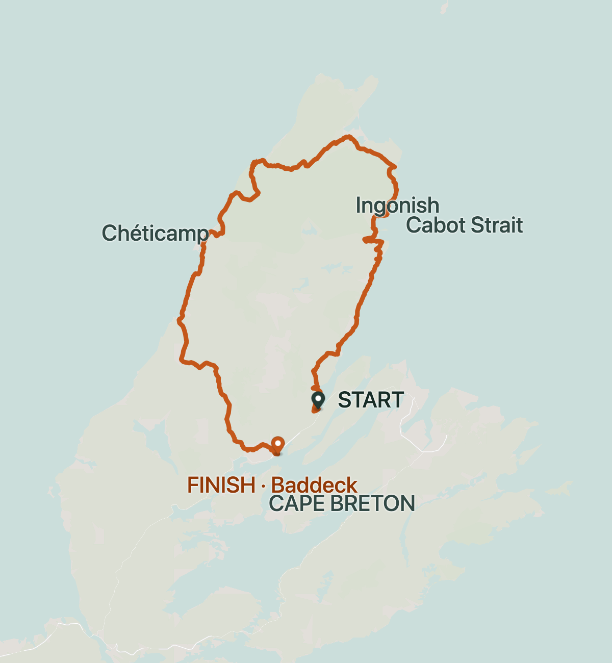 Explore Course: the Cabot Trail Relay around Cape Breton, Nova Scotia, shown in orange from START at Gaelic College to FINISH at Baddeck.